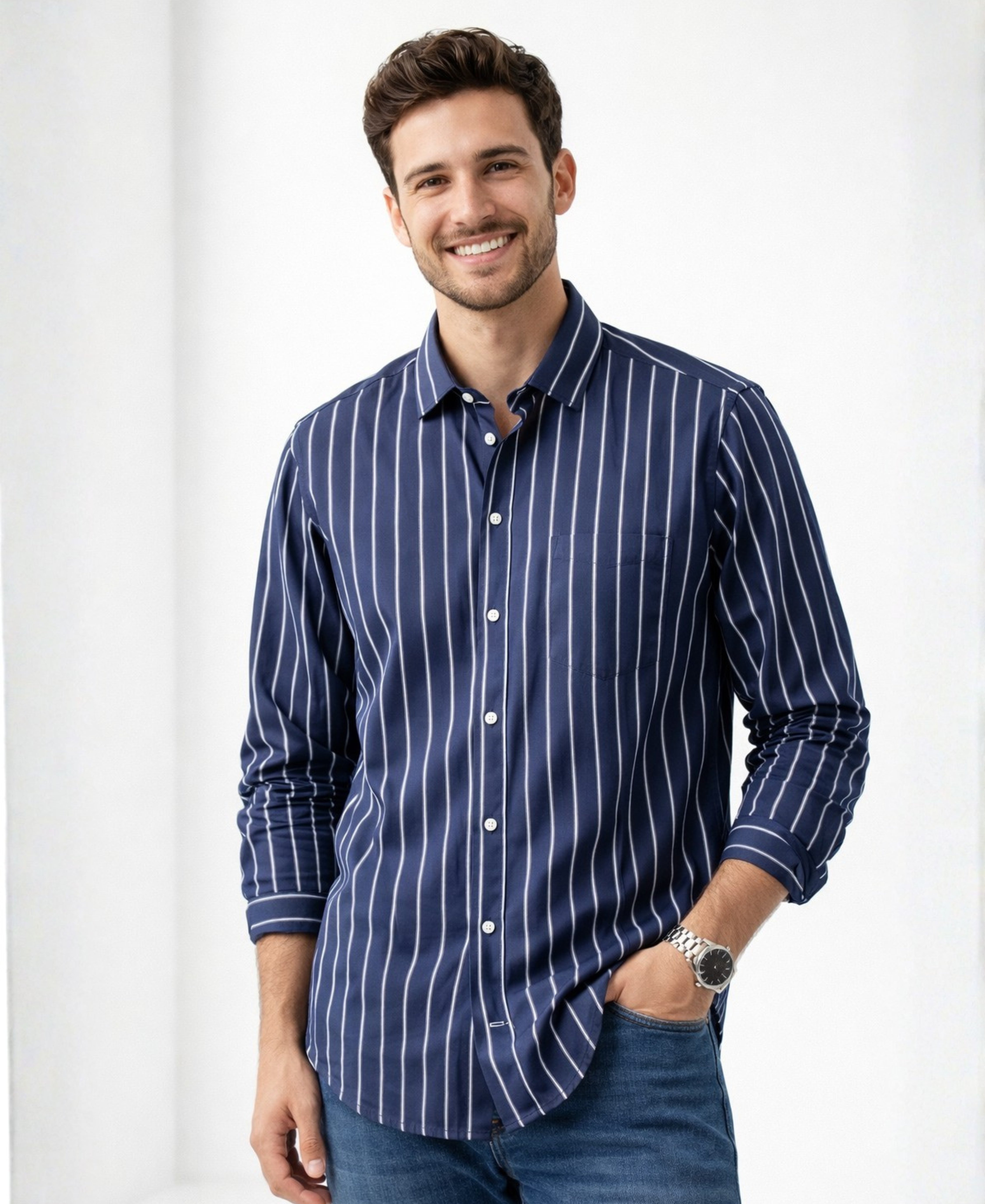Navy Blue Cotton Shirt with White Stripes