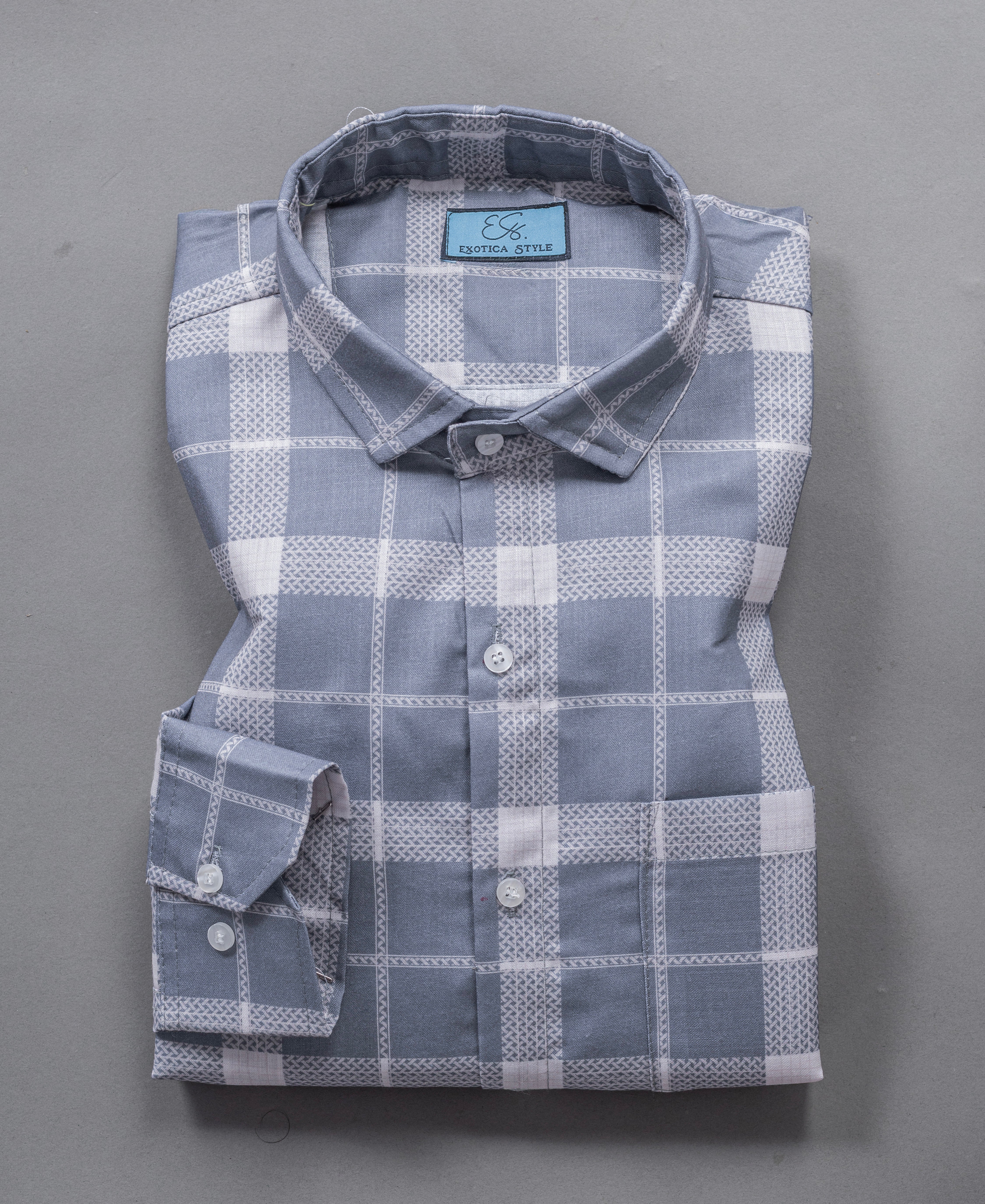 Gray and Beige Checked Cotton Shirt for Men with Pocket