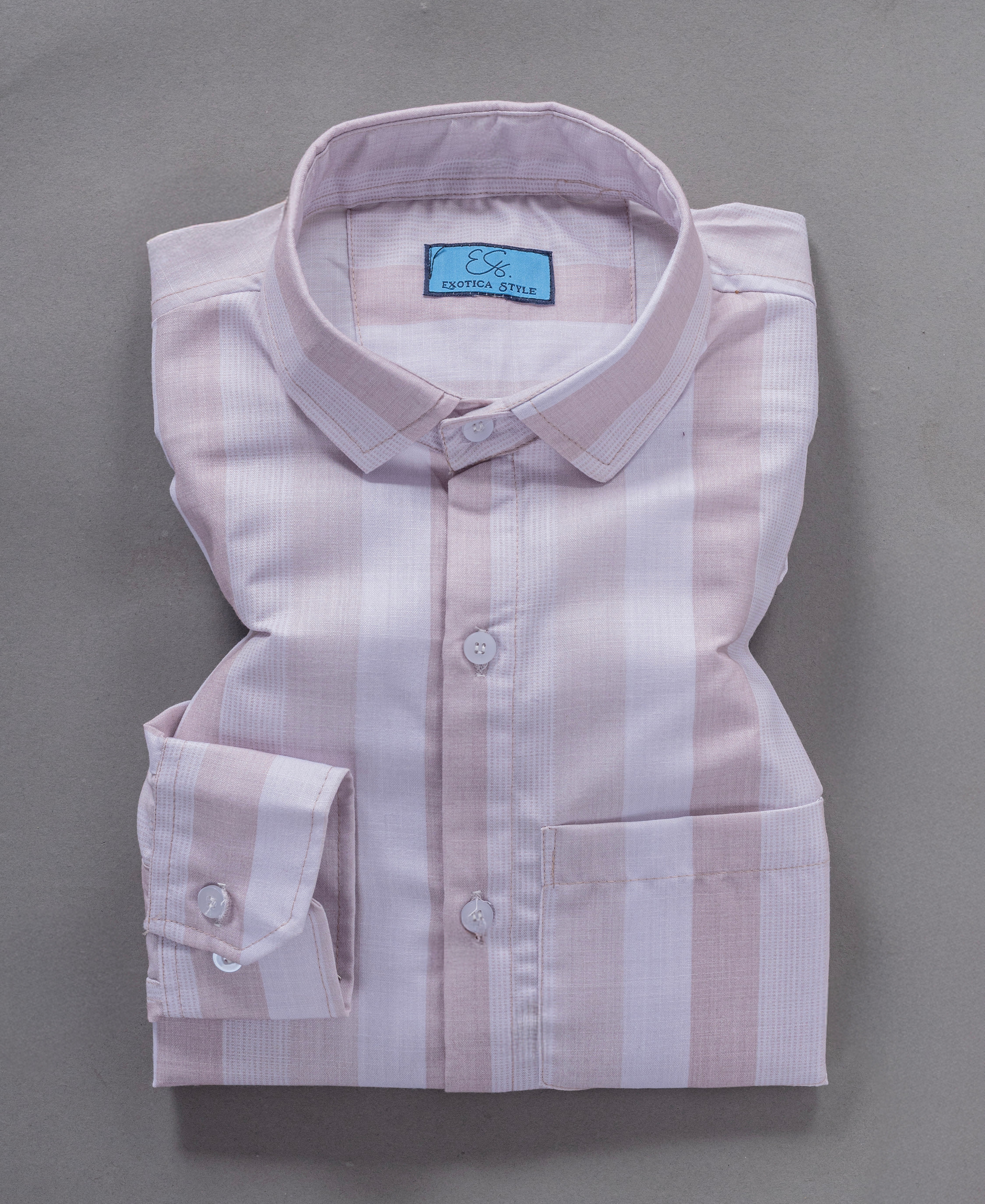 Men’s Light Cream & White Striped Cotton Shirt with Pocket