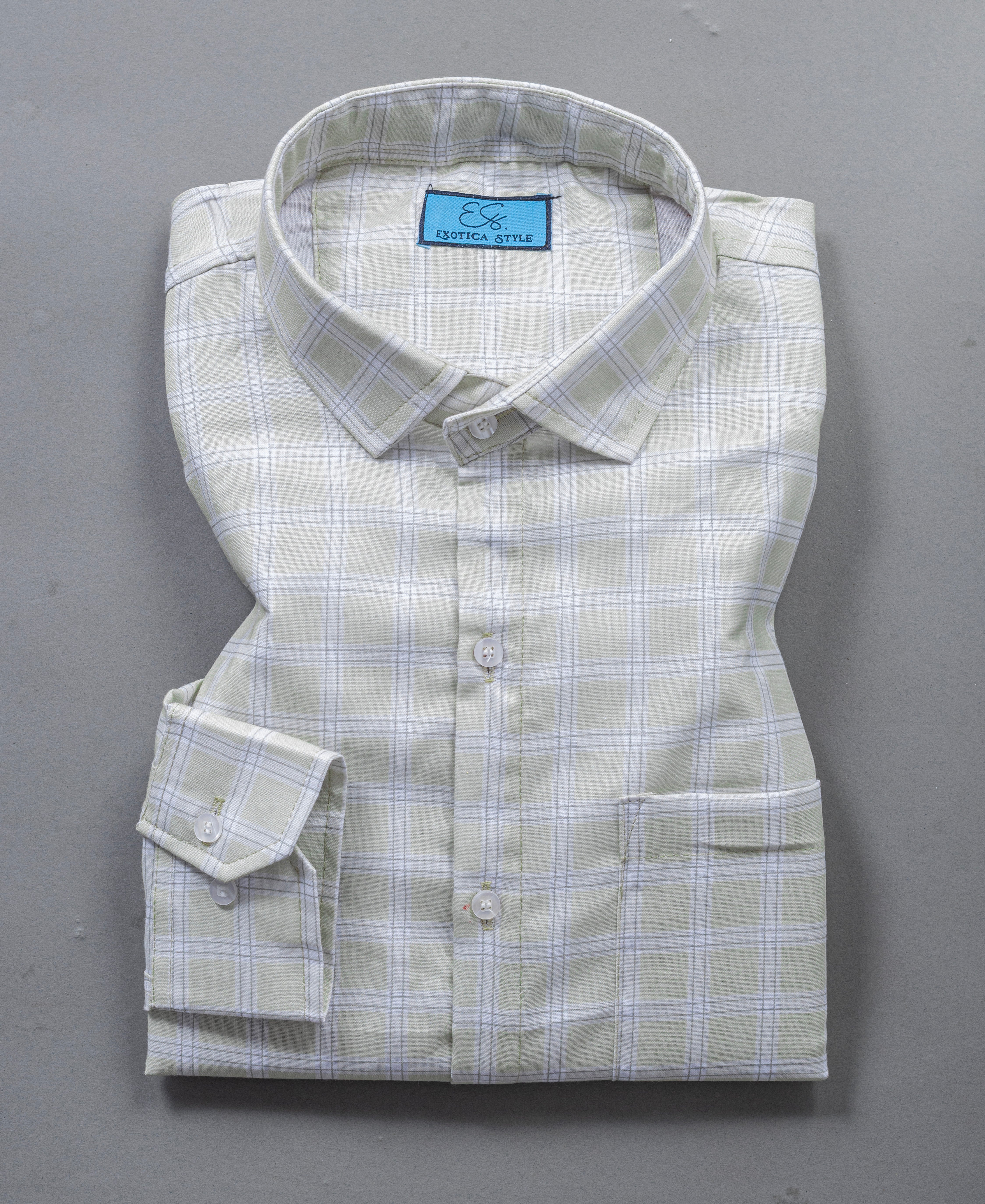 Light Green Checked Regular Collar Cotton Shirt for Men