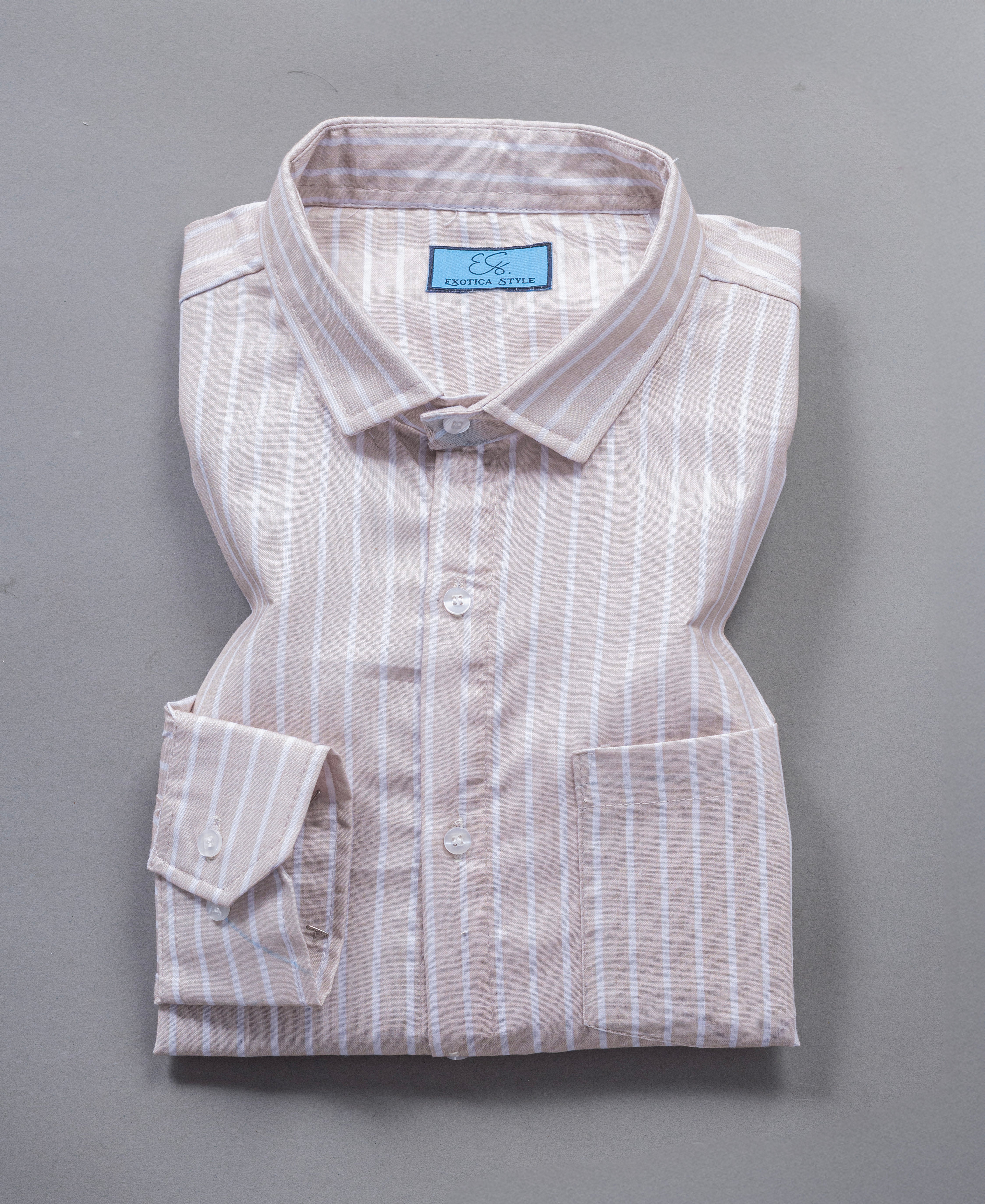 Beige and White Striped Cotton Shirt for Men Formal Wear