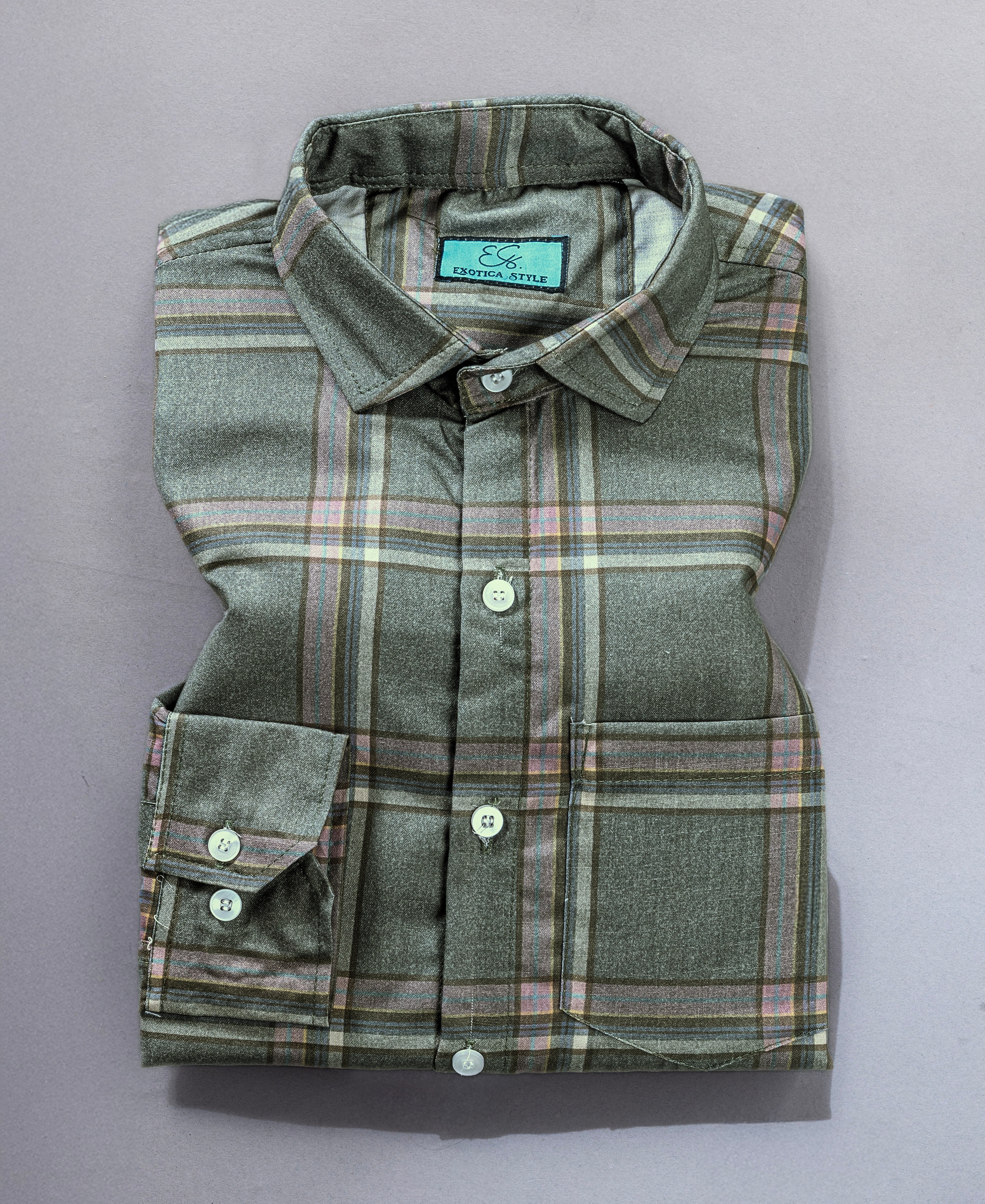Cotton Gray Checked Shirt with Long Sleeves & Pocket