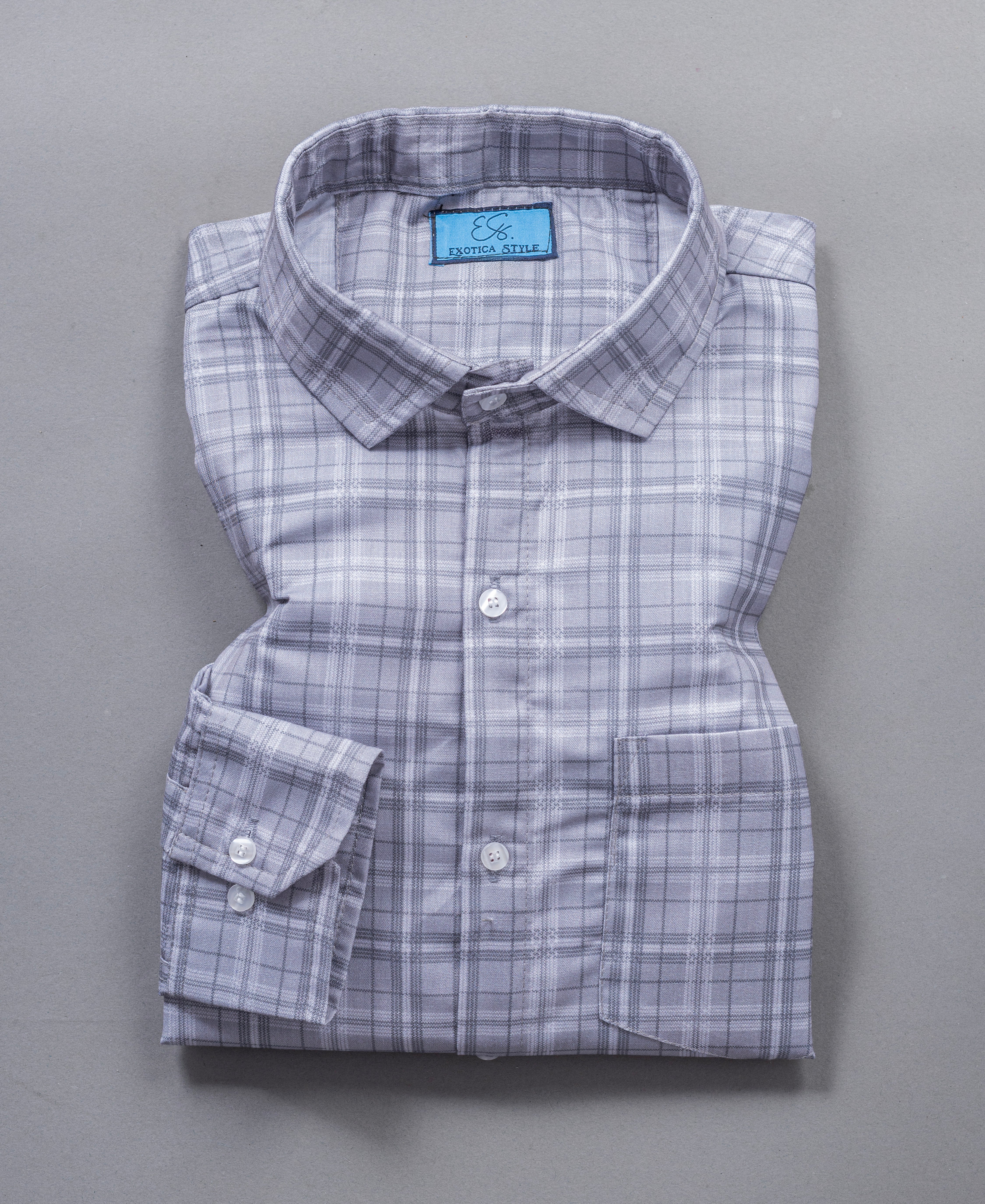 Gray Checked Cotton Shirt for Men with Spread Collar