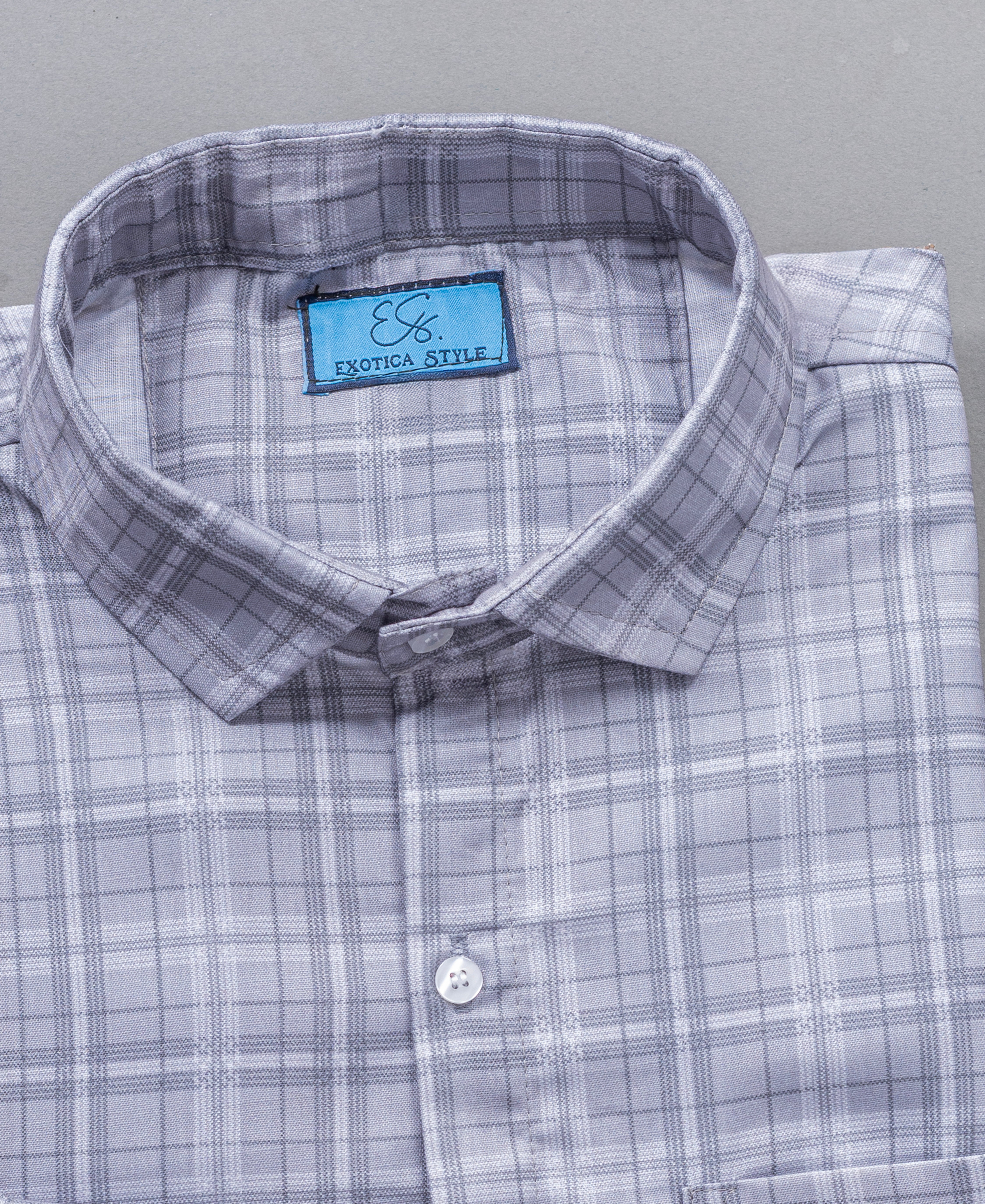 Gray Checked Cotton Shirt for Men with Spread Collar
