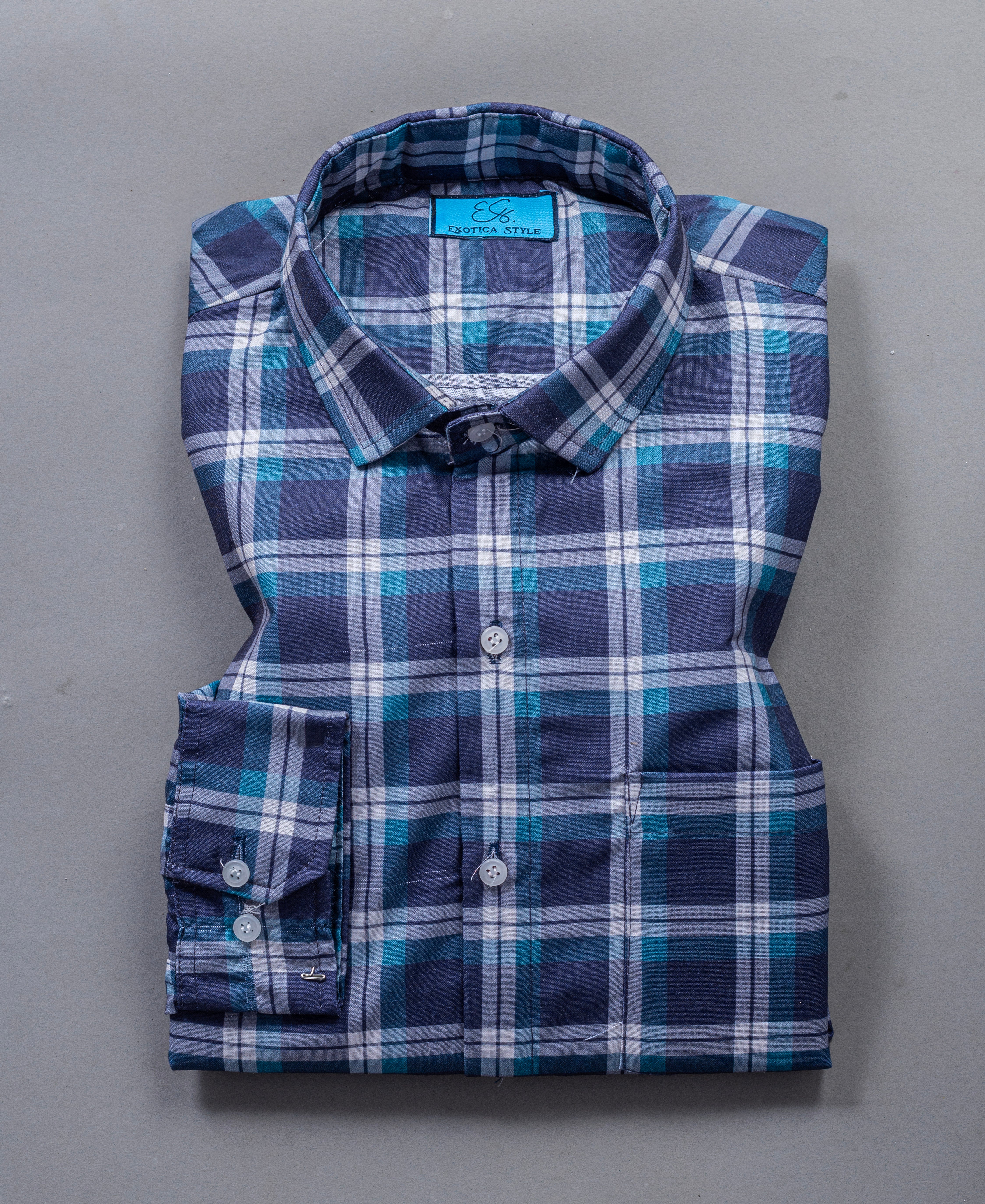 Cotton Blue Checkered Formal Men's Full Sleeve Shirt