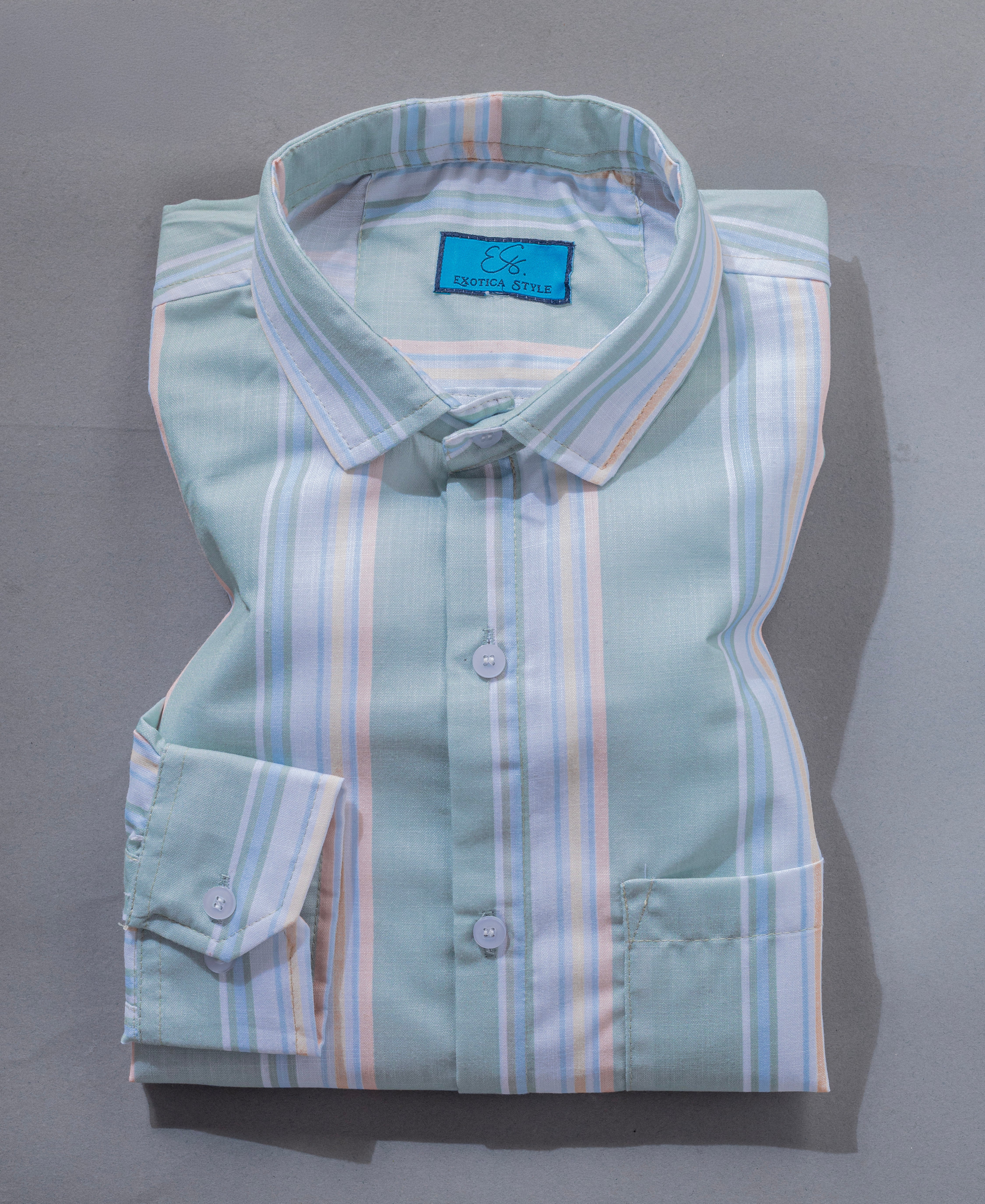Men’s Pastel Green Striped Cotton Shirt with Pocket
