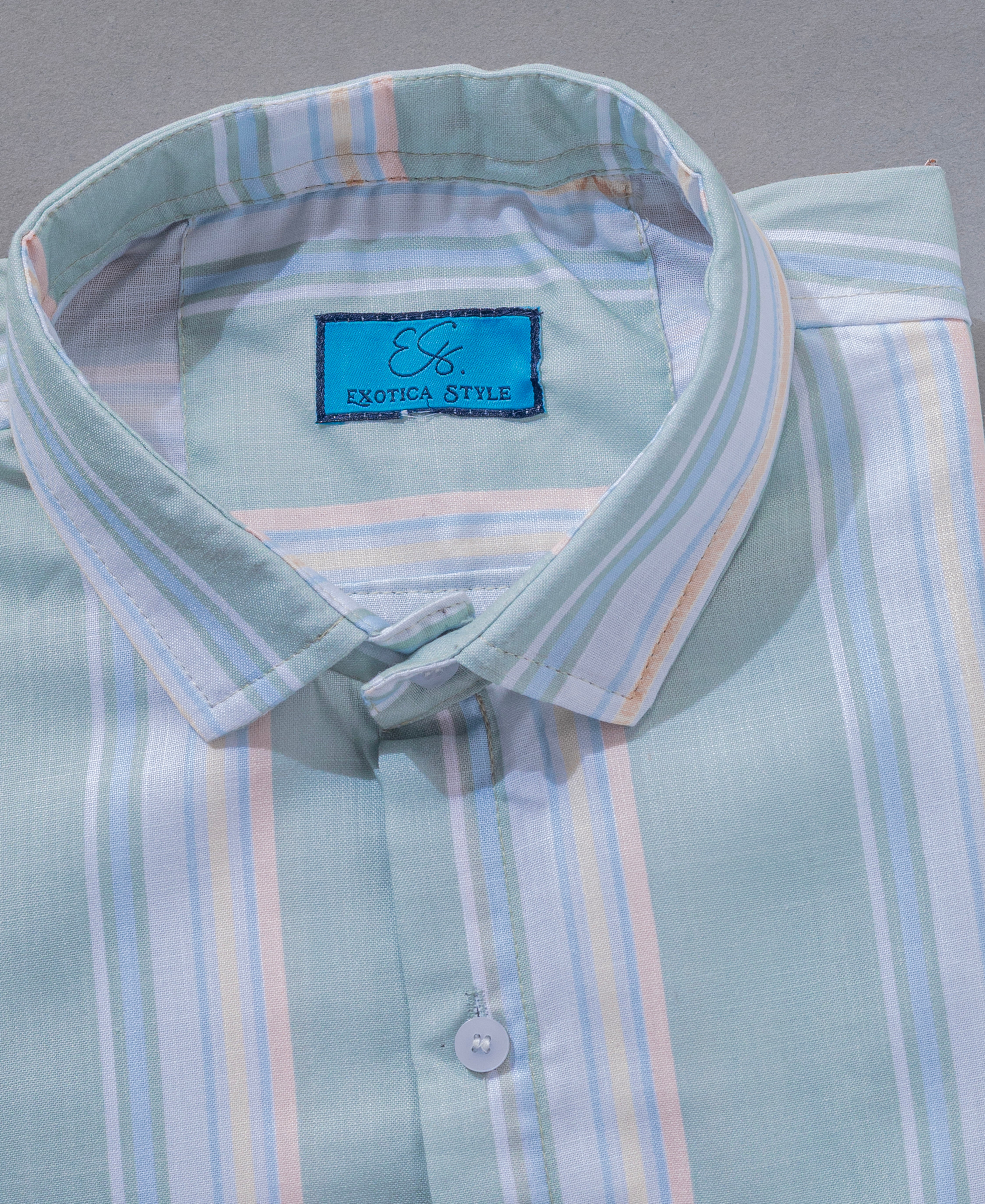 Men’s Pastel Green Striped Cotton Shirt with Pocket