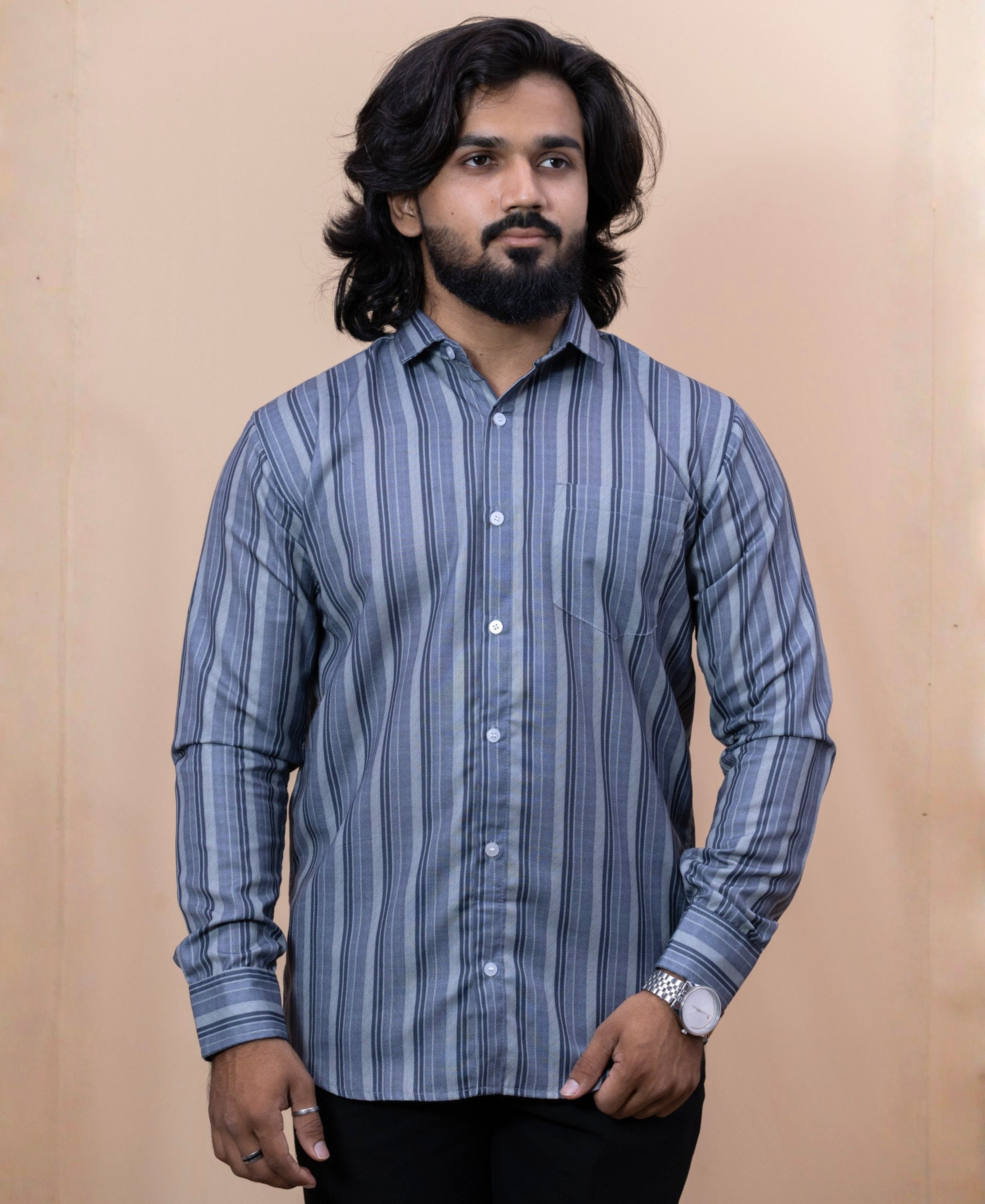 Silver Grey Striped Casual Shirt for Men