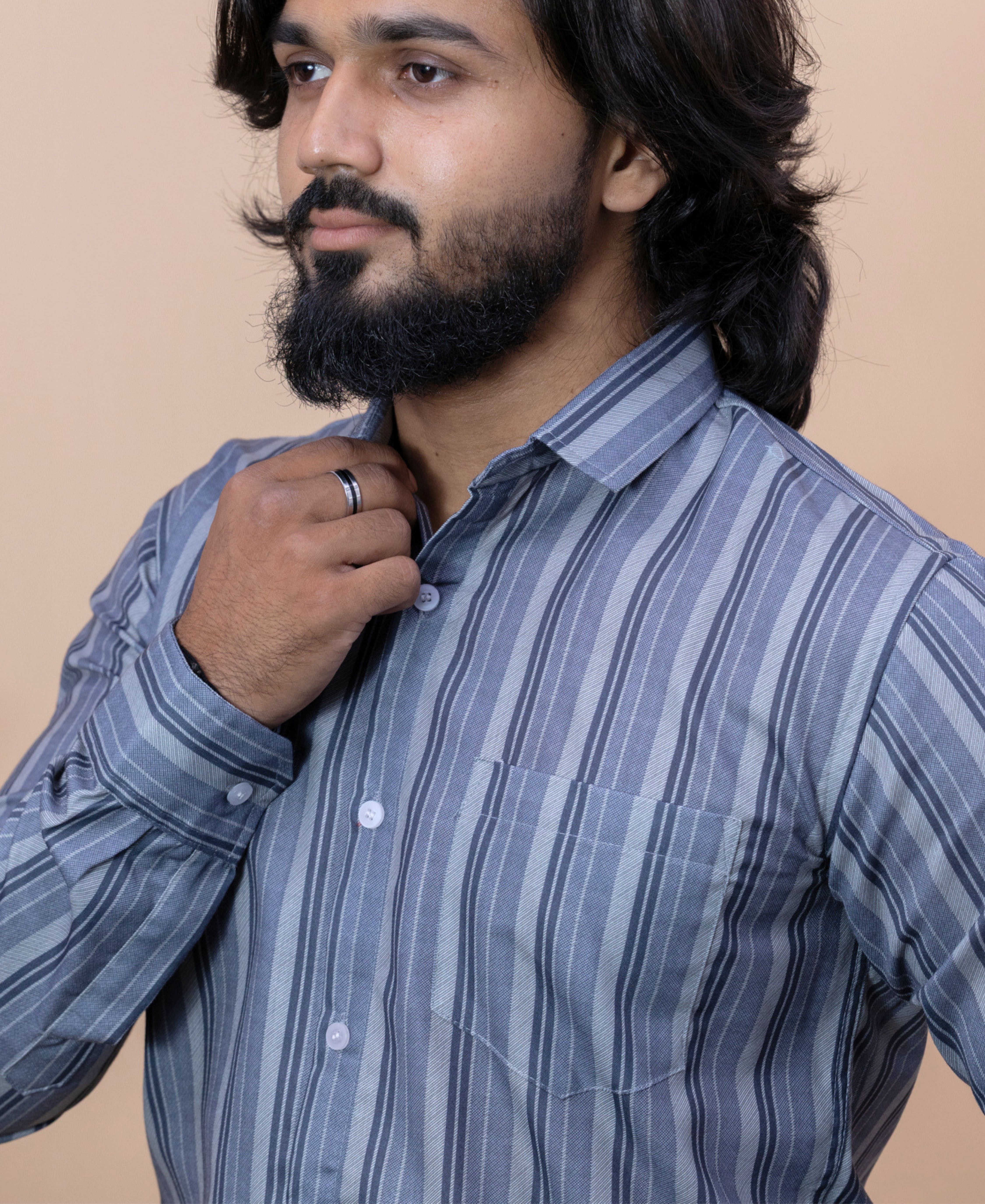 Silver Grey Striped Casual Shirt for Men