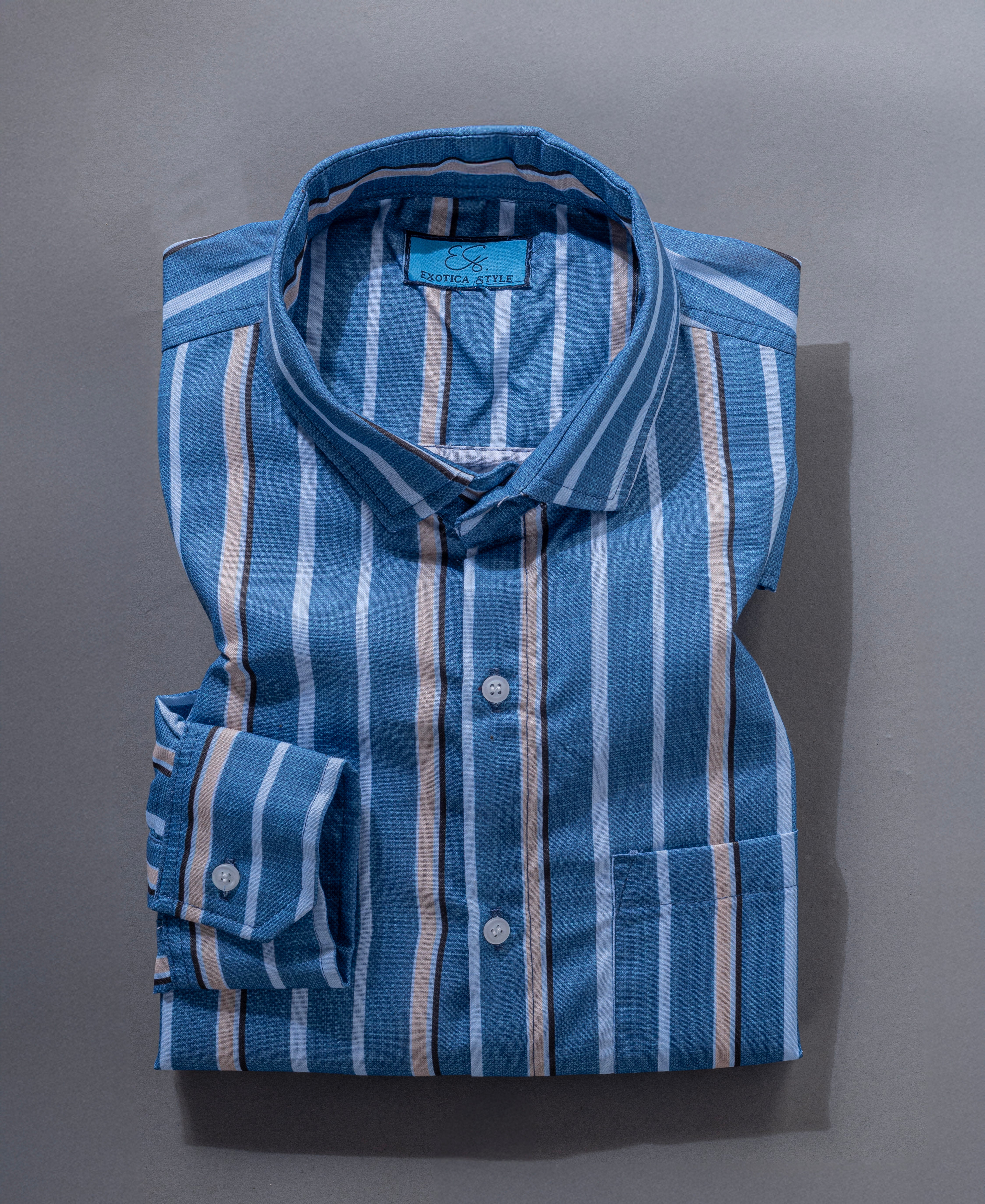 Blue Shirt for White and Beige Stripes with Classic Style