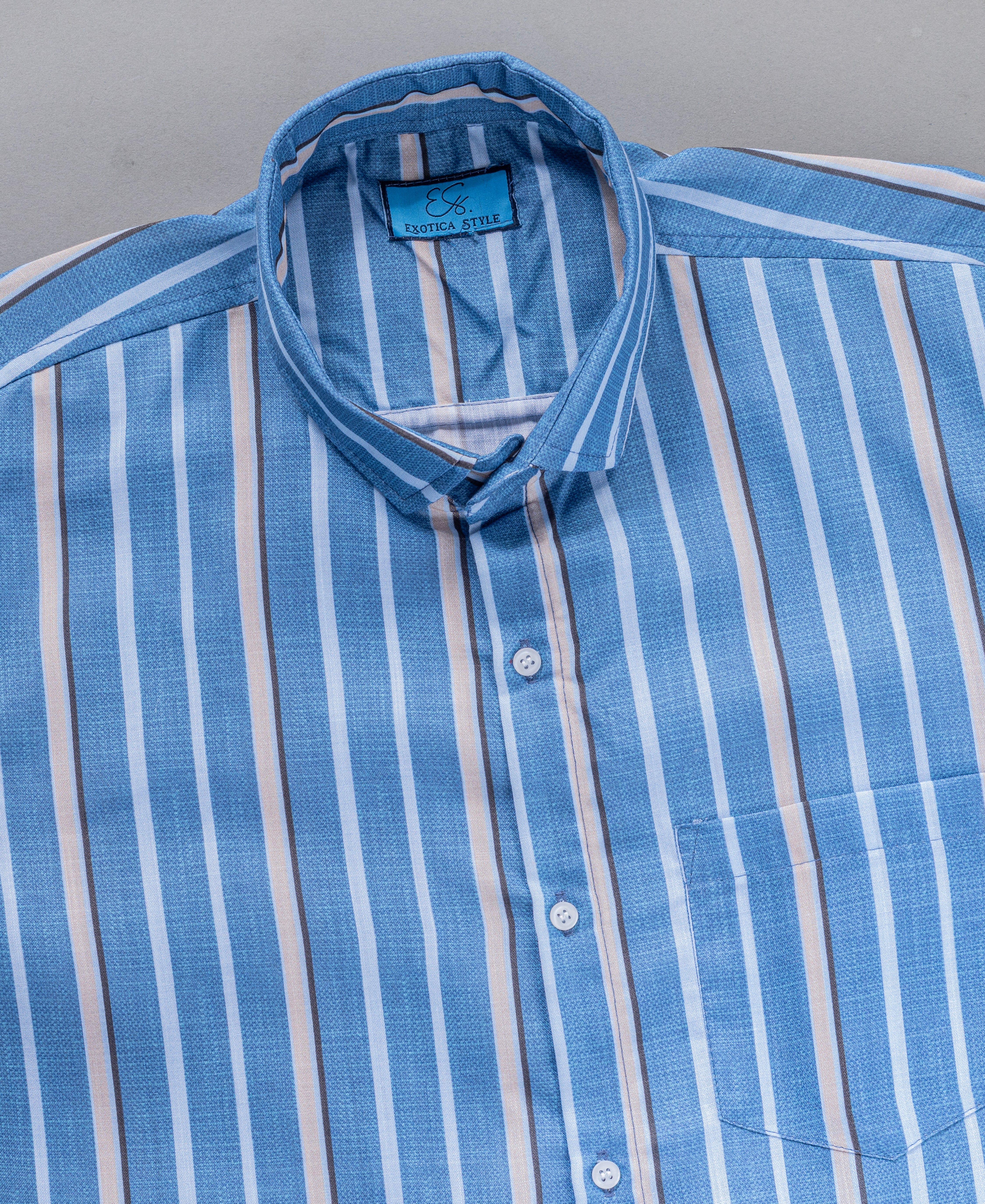 Blue Shirt for White and Beige Stripes with Classic Style