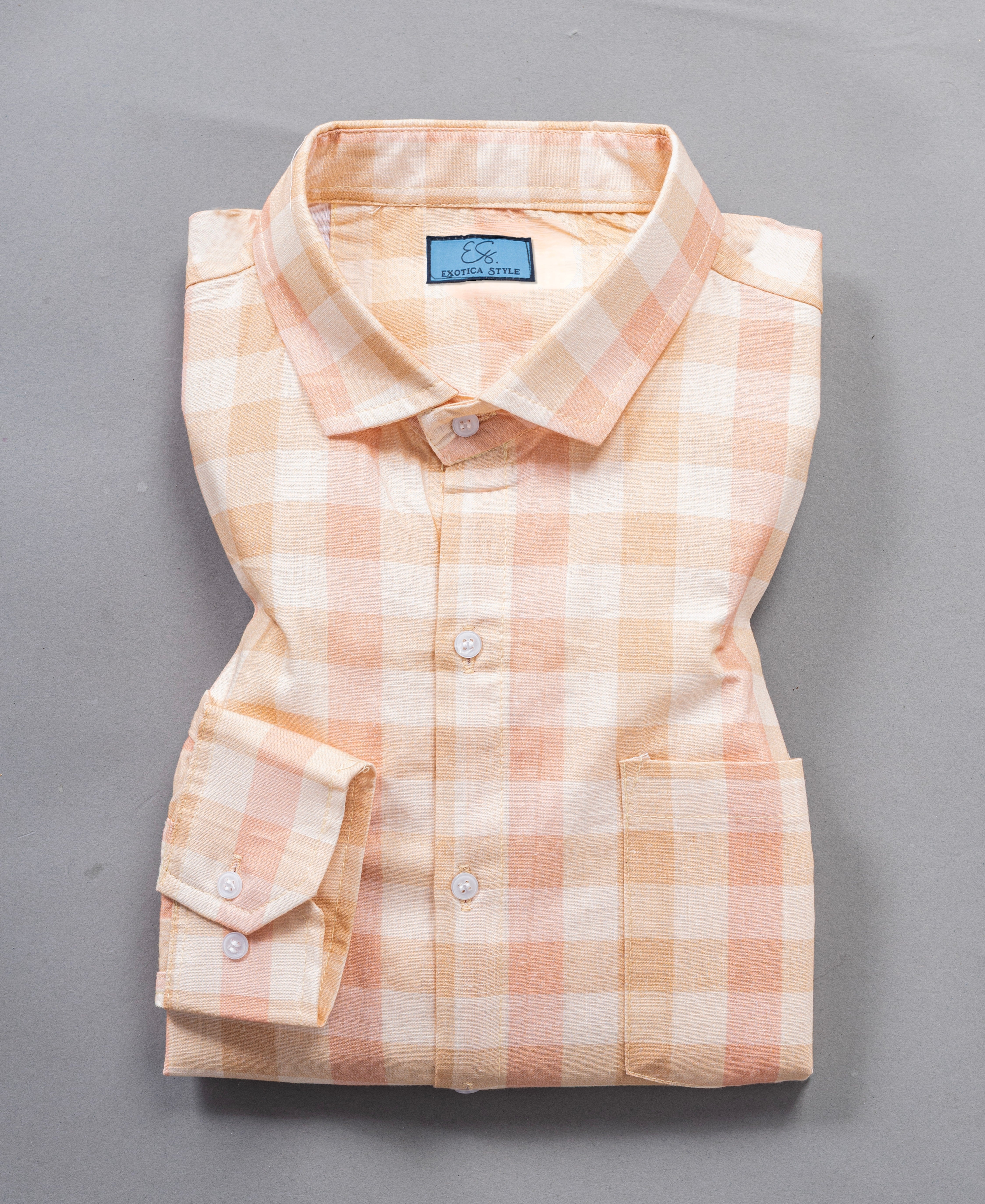 Minimal Peach Checked Cotton Shirt With Pocket
