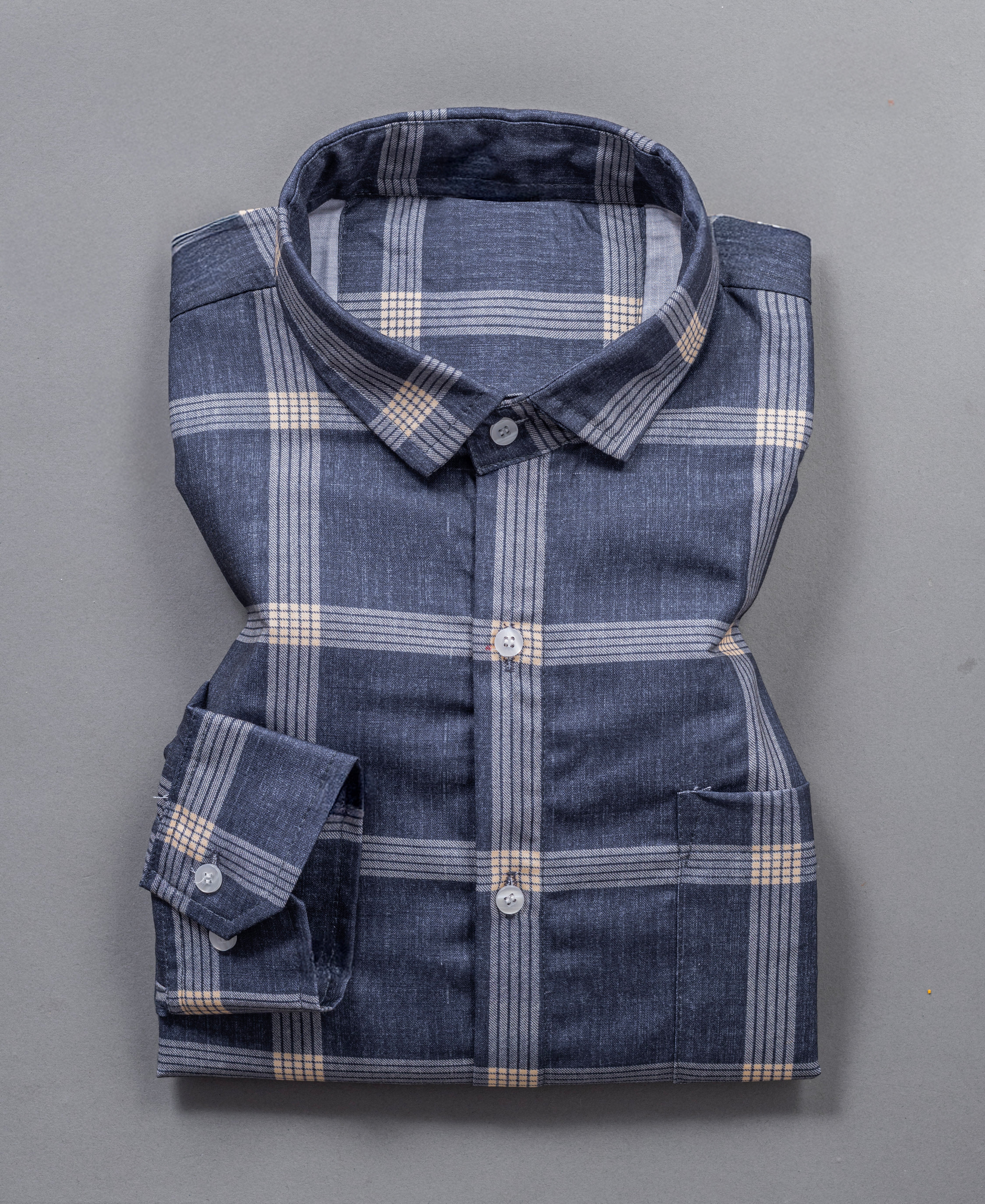 Navy and Beige Checkered Cotton Men's Modern Shirt
