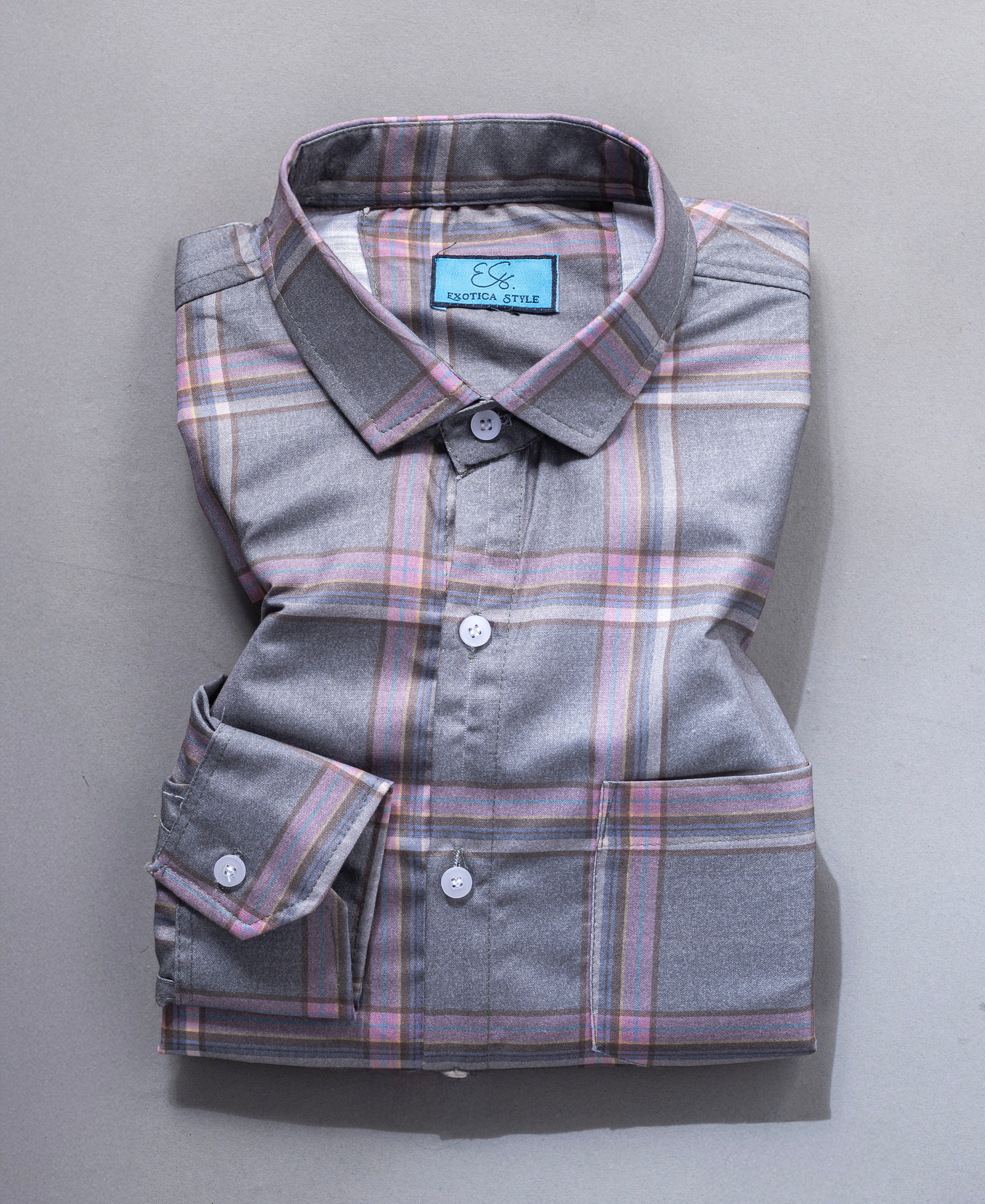 Cotton Gray Checked Shirt with Long Sleeves & Pocket