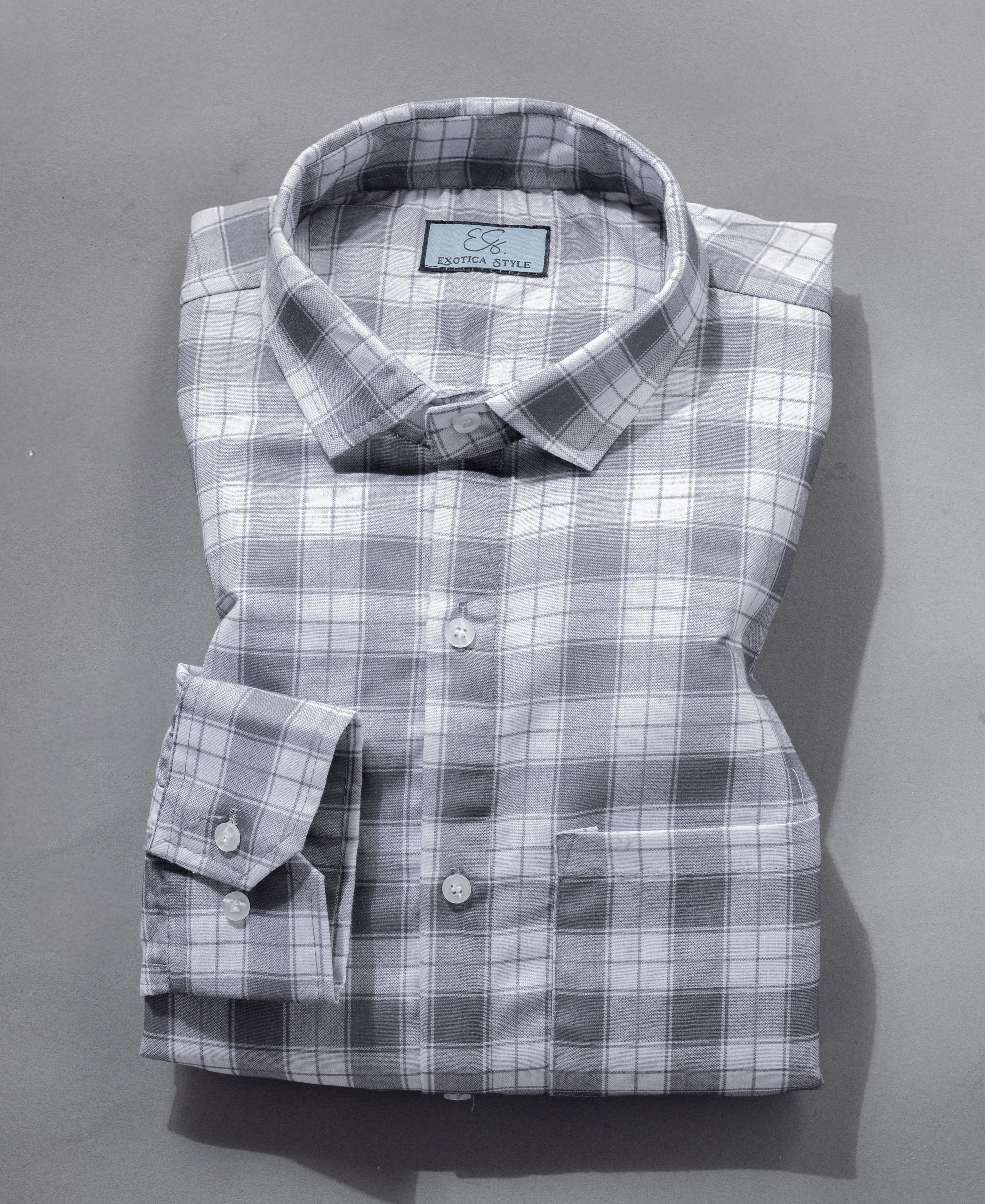 Gray & White Checkered Cotton Shirt with Pocket for Men