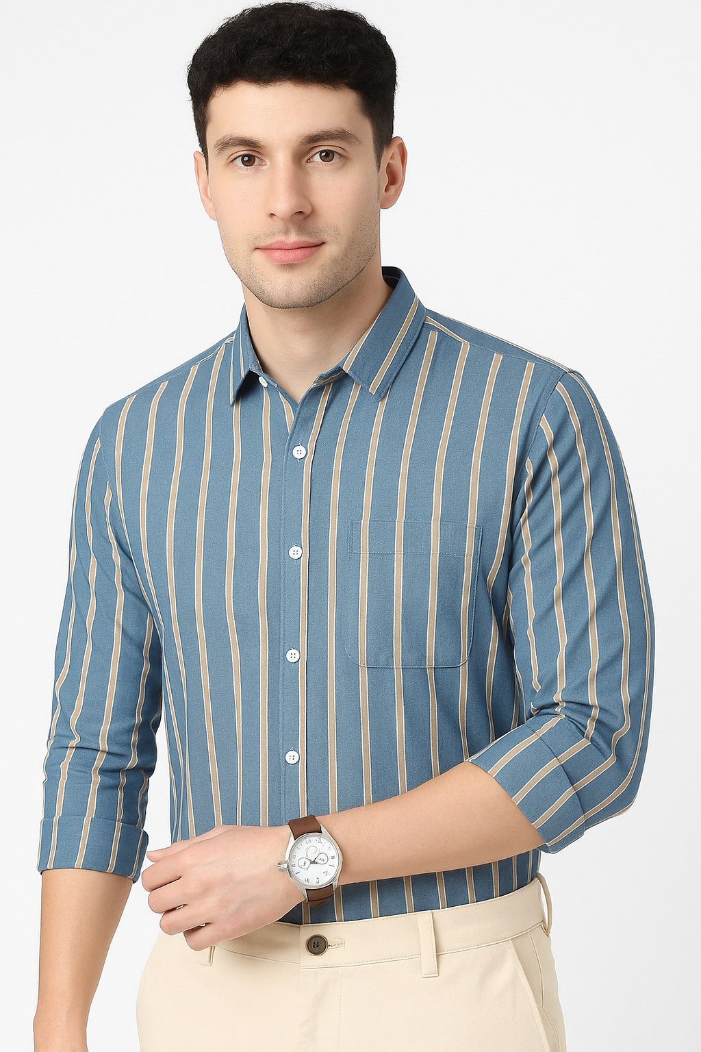 Blue Cotton Striped Shirt for Men with Long Sleeves