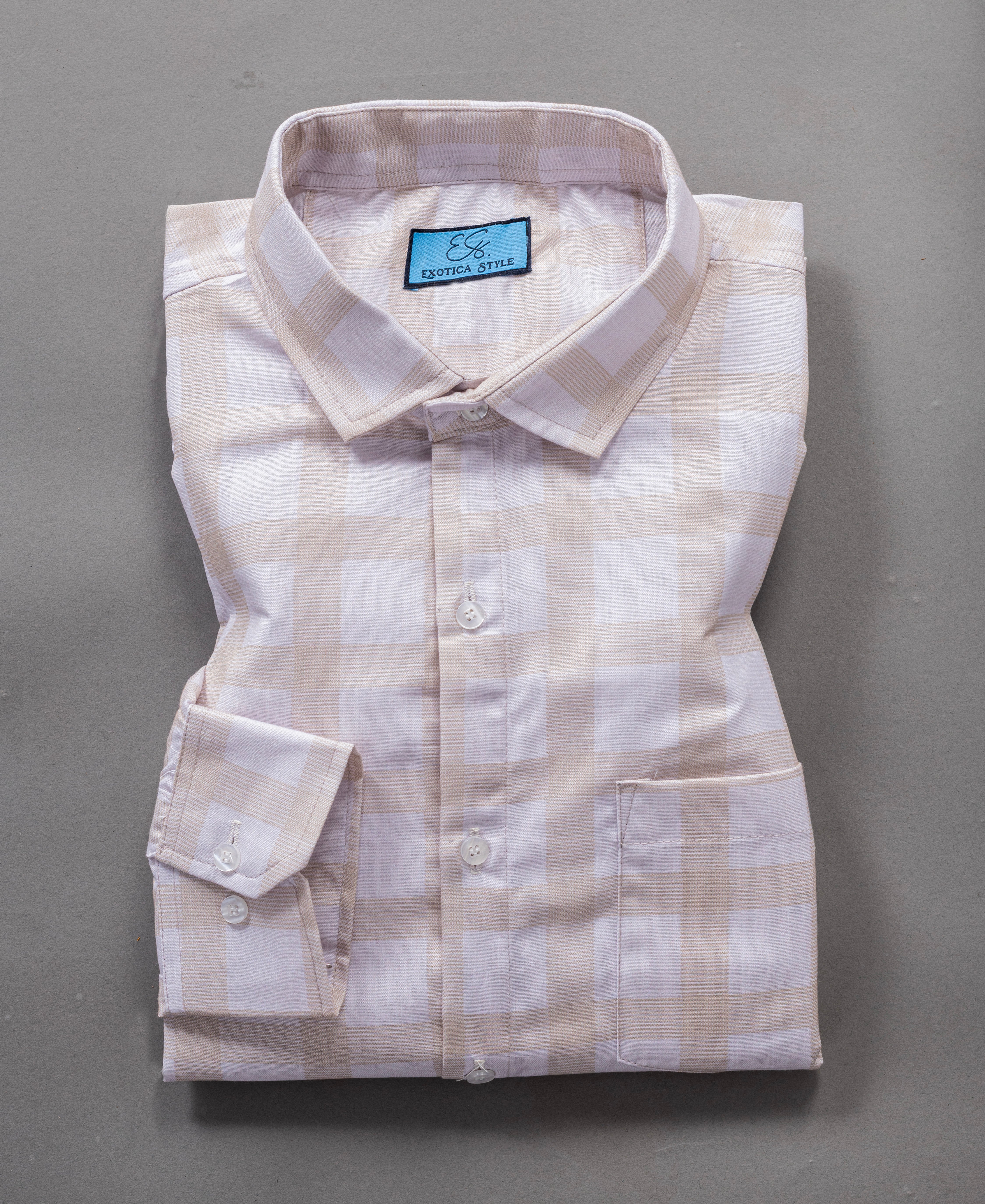 Beige Checked Cotton Shirt with Full Sleeves for Men