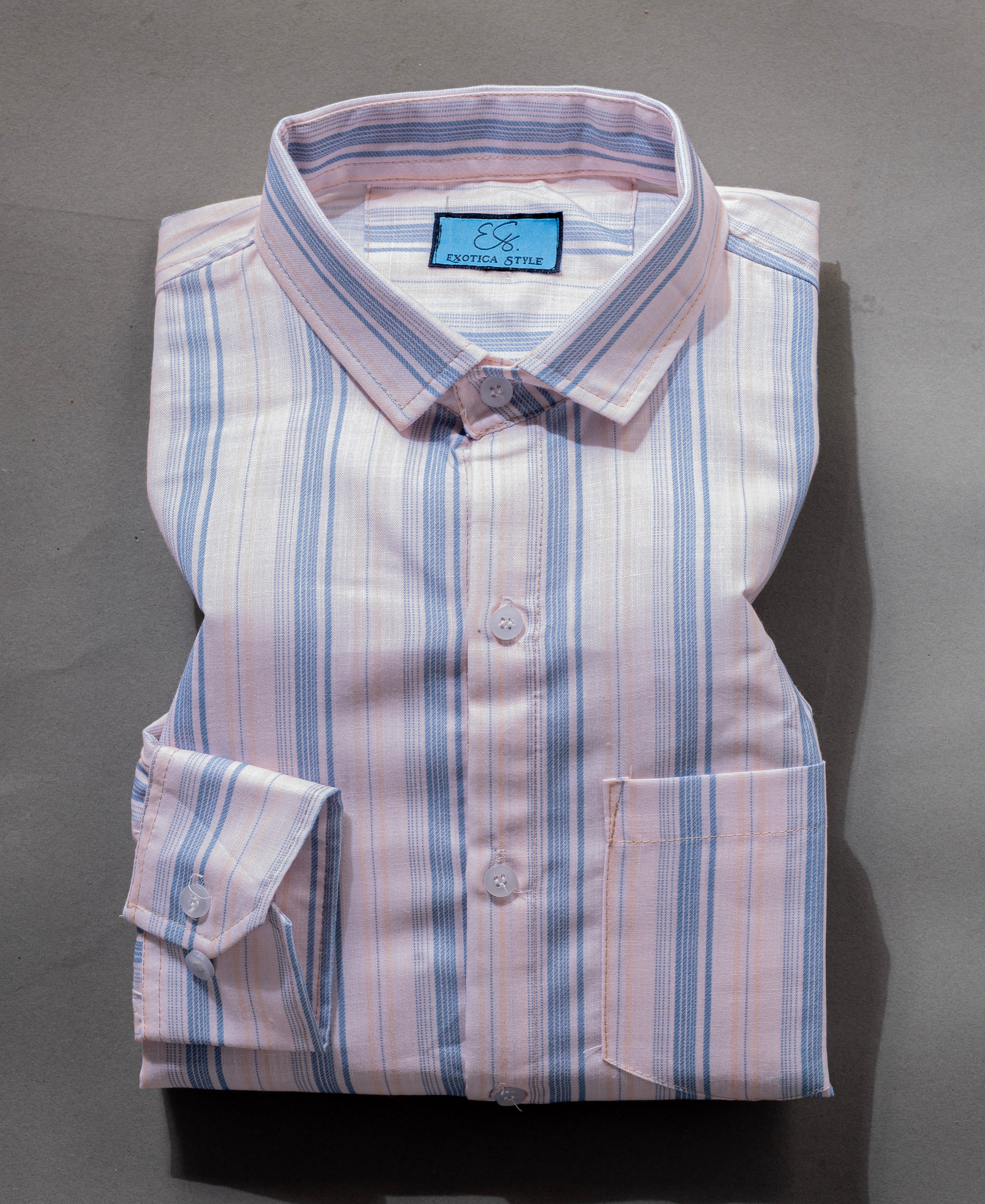 Men’s Casual Cotton Shirt with Blue Stripes and Spread Collar