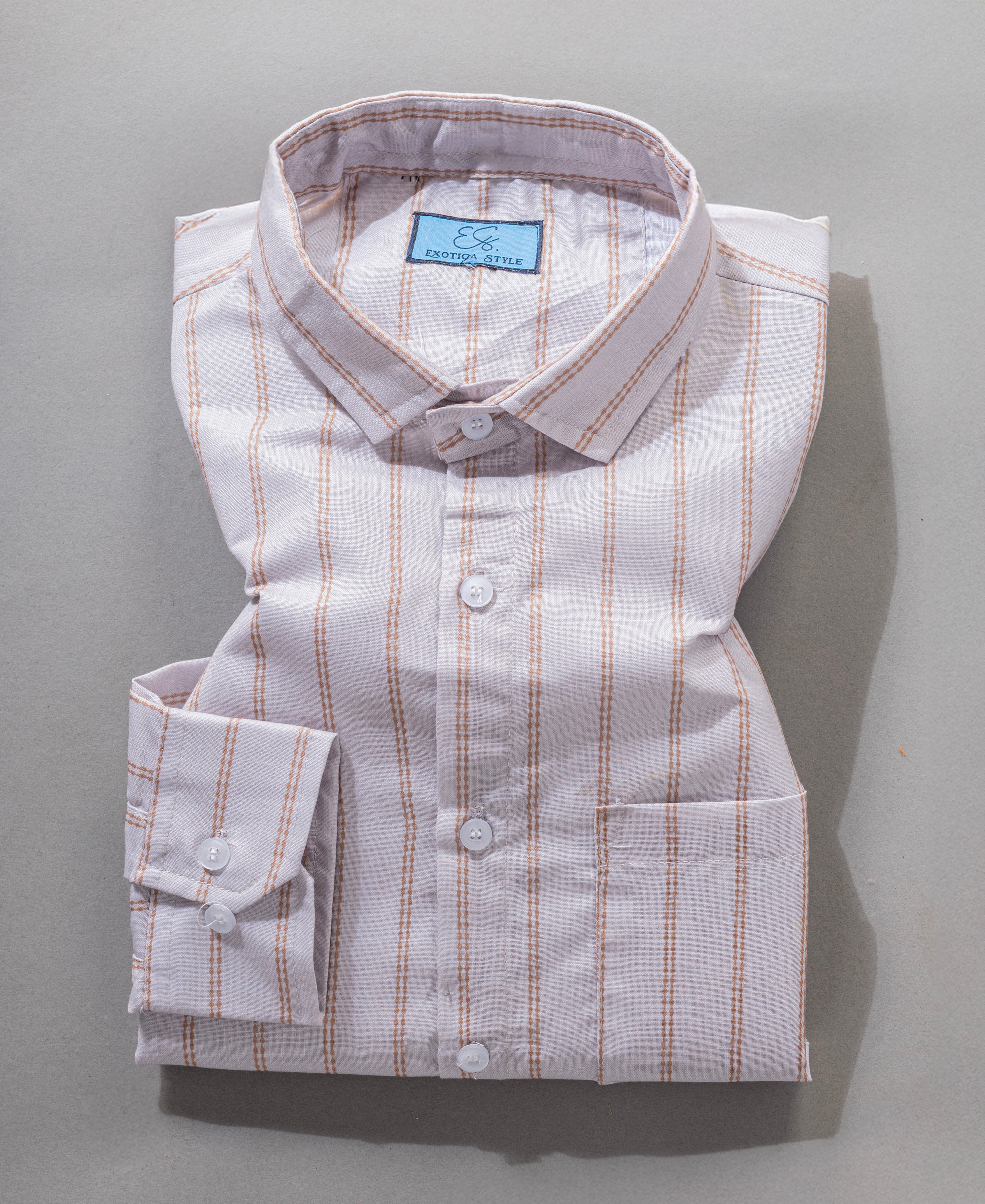 Beige Casual Cotton Shirt for Men with Vertical Stripes