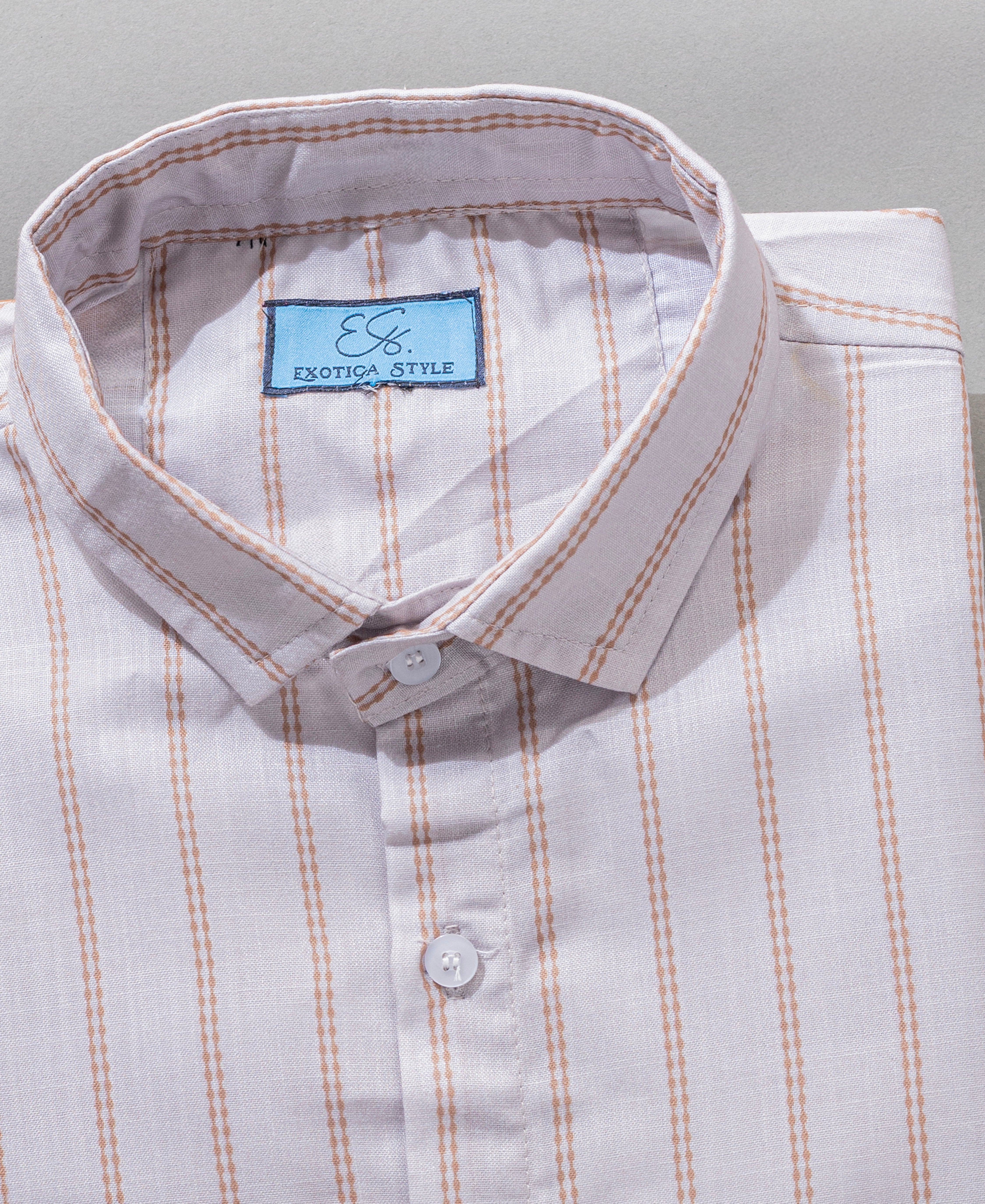 Beige Casual Cotton Shirt for Men with Vertical Stripes