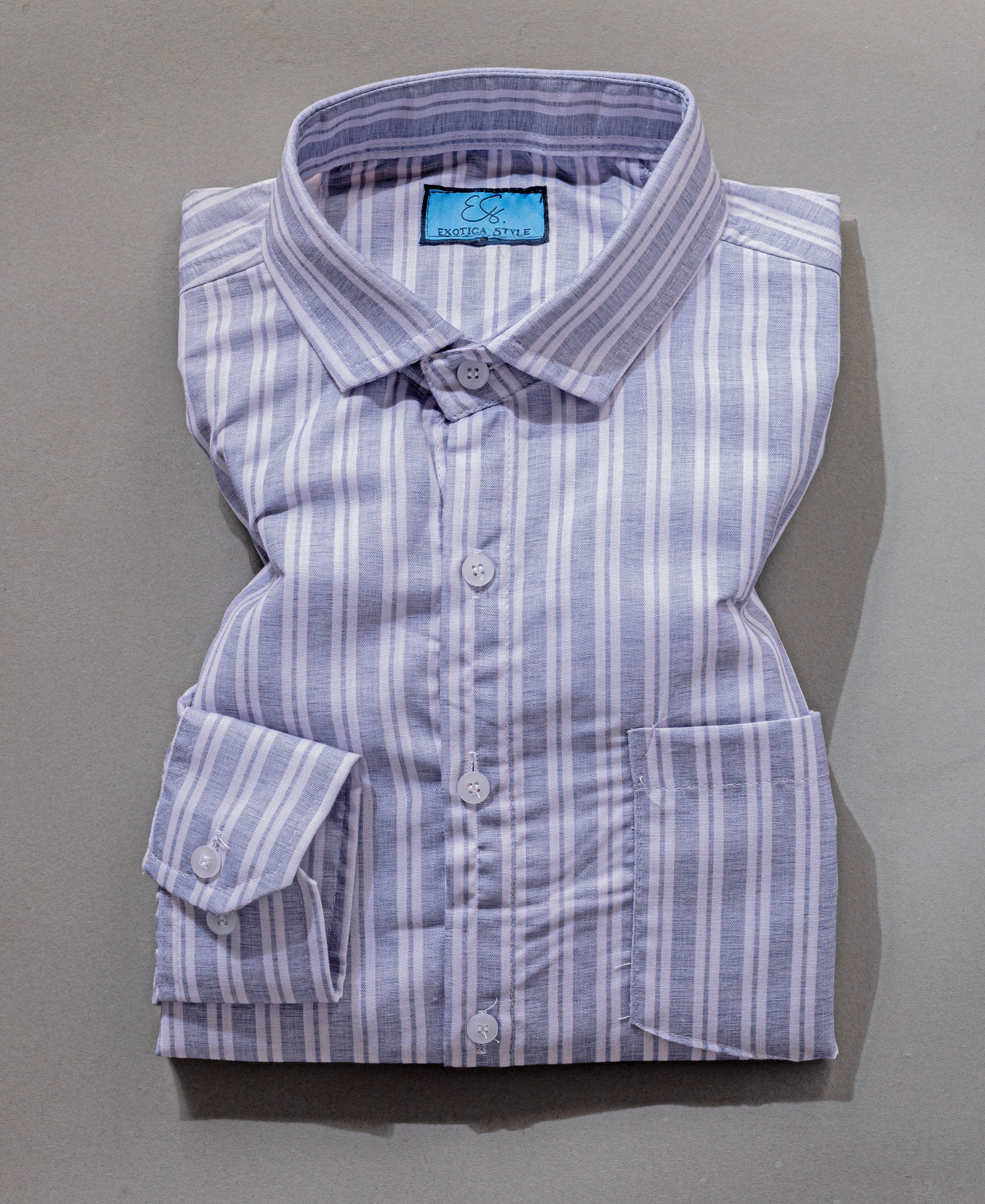 Men’s Gray White Striped Cotton Shirt with Spread Collar