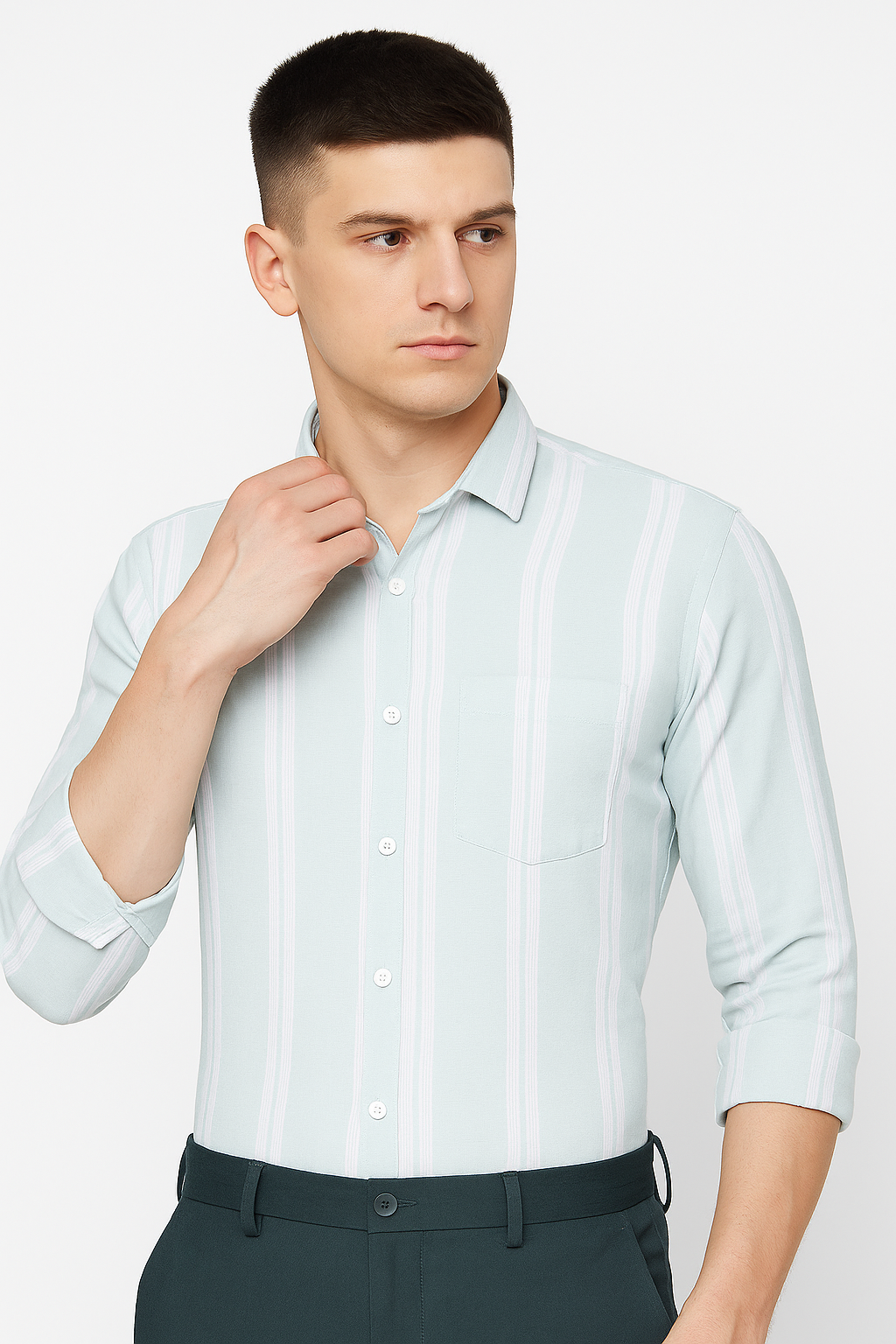 Mint Green Striped Cotton Shirt for Men with Pocket