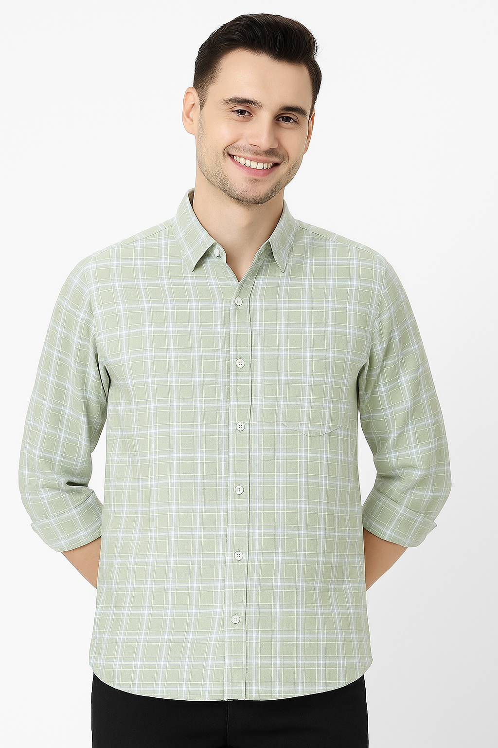 Light Green Check Cotton Shirt for Men with Long Sleeves