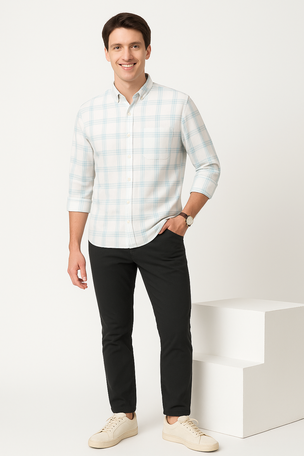 Cotton Check Shirt in White and Mint Green Plaid for Men