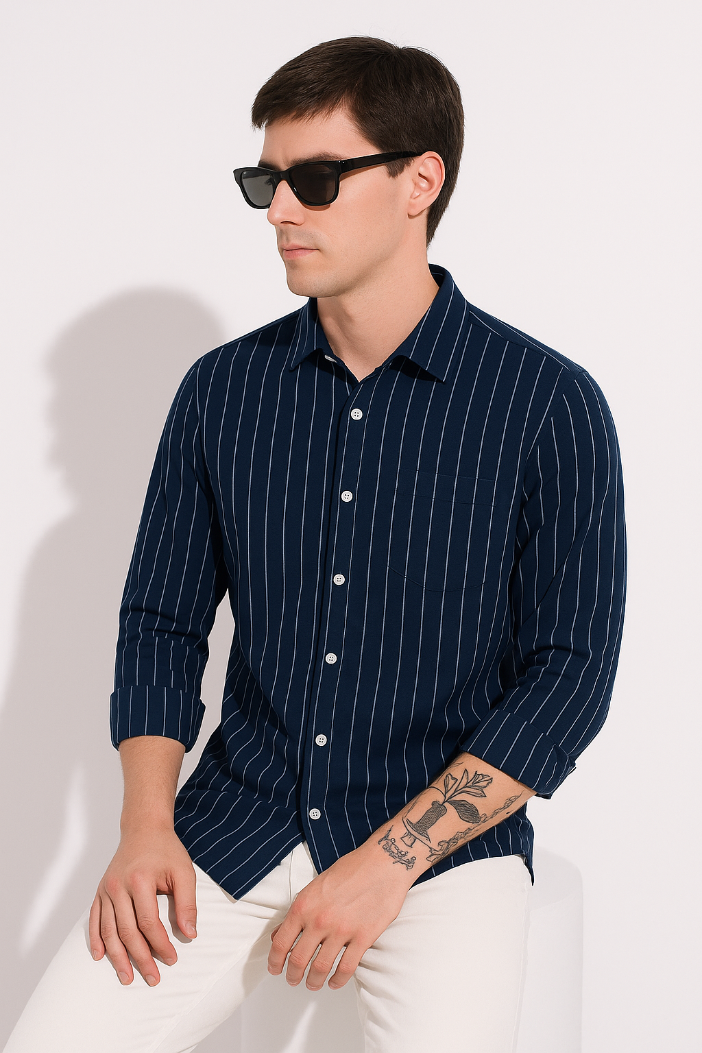 Navy Blue Cotton Shirt with Light Blue & Gray Stripes for Men